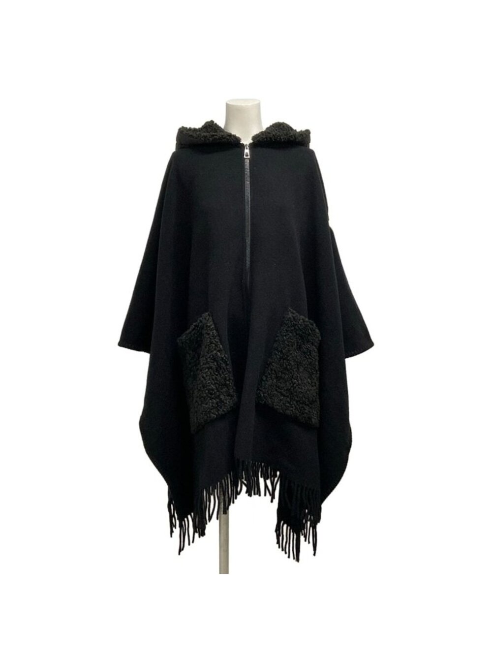 Moncler Poncho Uni Mantella Black Zip Up Down Hood Fringe Winter Coat